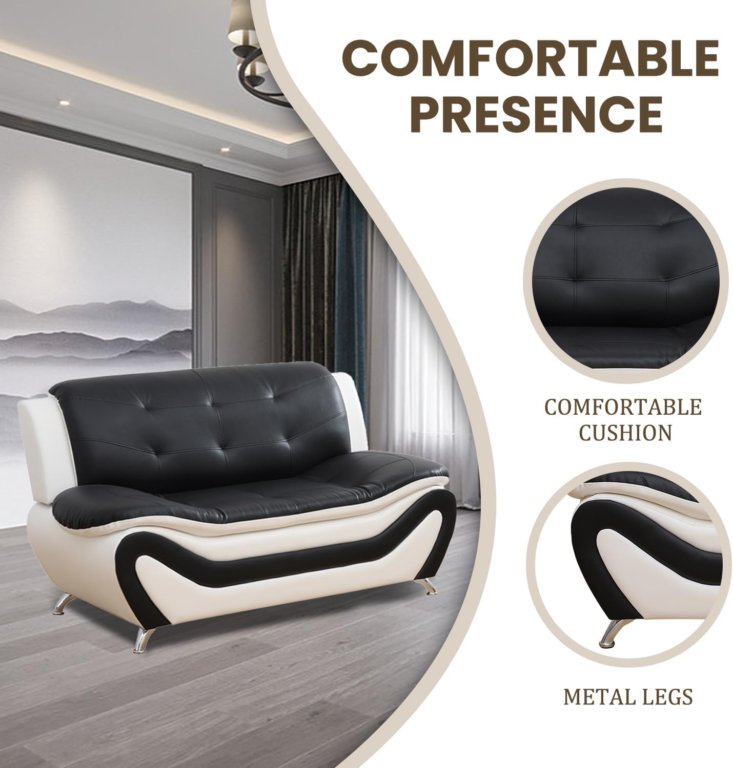 3 Piece Living Room Furniture Set, Leather Sofa Set for Living Room, Modern Couch Set with 3-Seater Sofa, Loveseat and Armchair (Cream White) - Grand Goldman