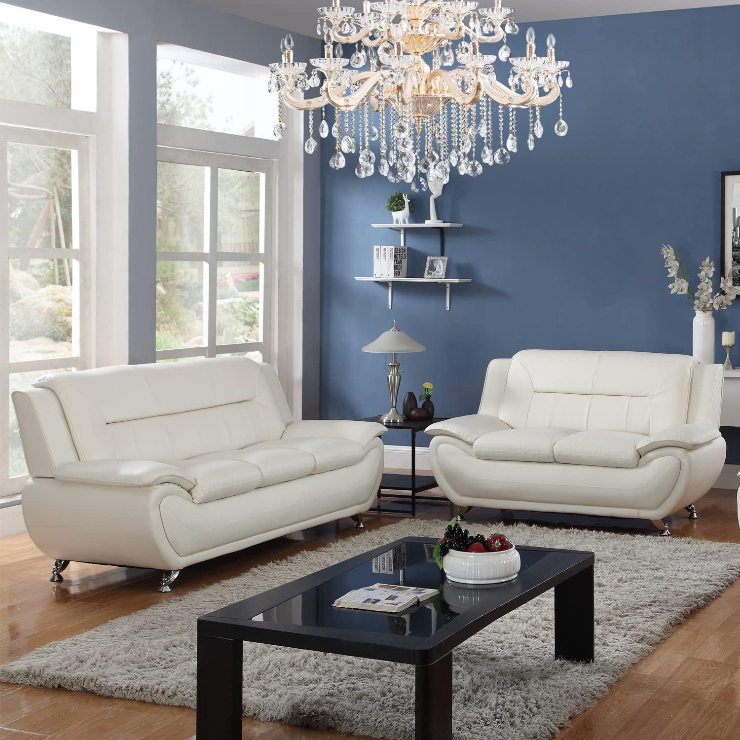 3 Piece Living Room Furniture Set, Leather Sofa Set for Living Room, Modern Couch Set with 3-Seater Sofa, Loveseat and Armchair (Cream White) - Grand Goldman