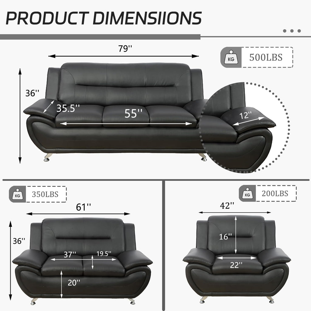 3 Piece Living Room Furniture Set, Leather Sofa Set for Living Room, Modern Couch Set with 3-Seater Sofa, Loveseat and Armchair (Cream White) - Grand Goldman