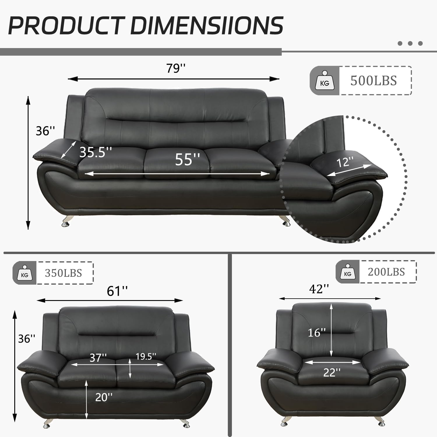 3 Piece Living Room Furniture Set, Leather Sofa Set for Living Room, Modern Couch Set with 3-Seater Sofa, Loveseat and Armchair (Cream White) - Grand Goldman