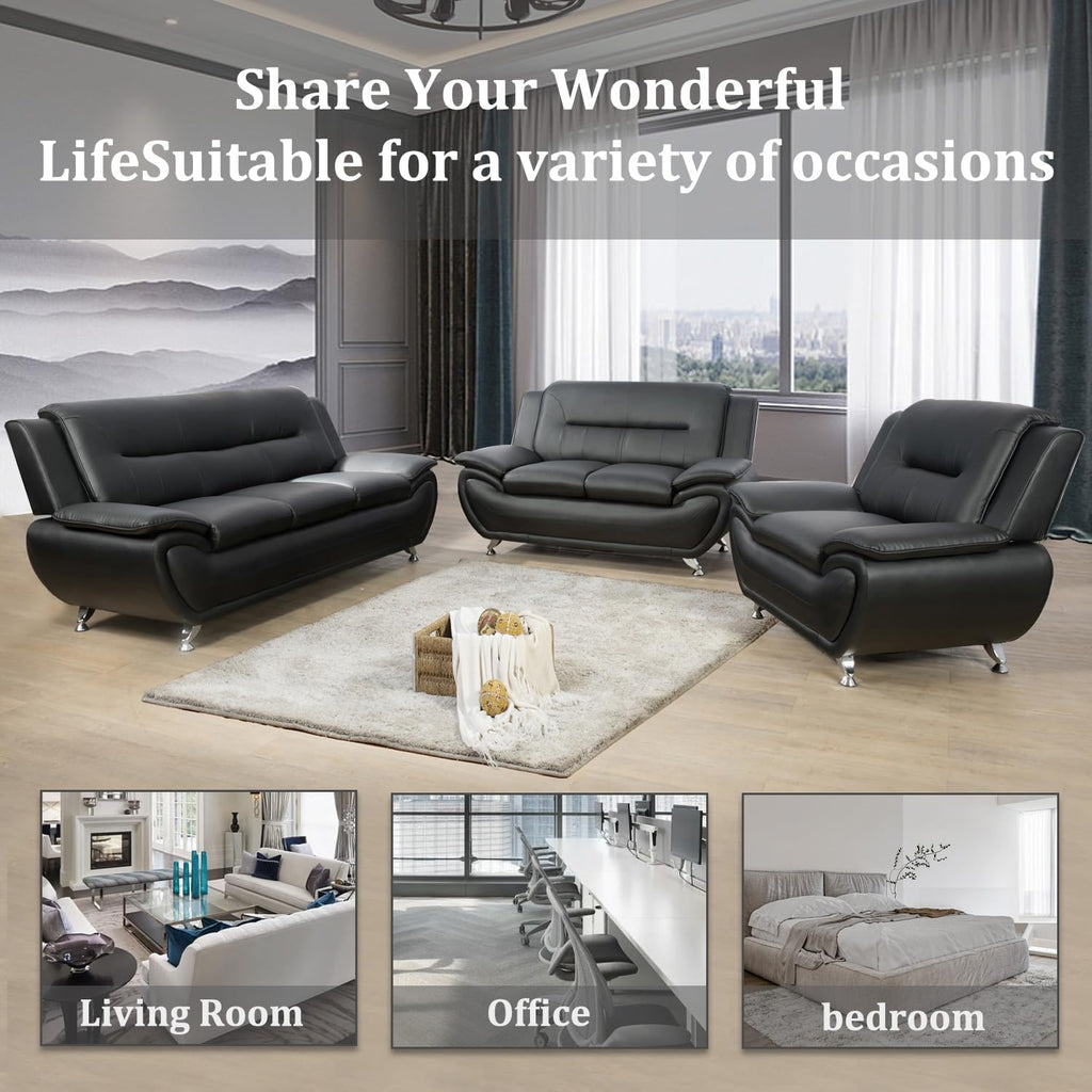 3 Piece Living Room Furniture Set, Leather Sofa Set for Living Room, Modern Couch Set with 3-Seater Sofa, Loveseat and Armchair (Cream White) - Grand Goldman