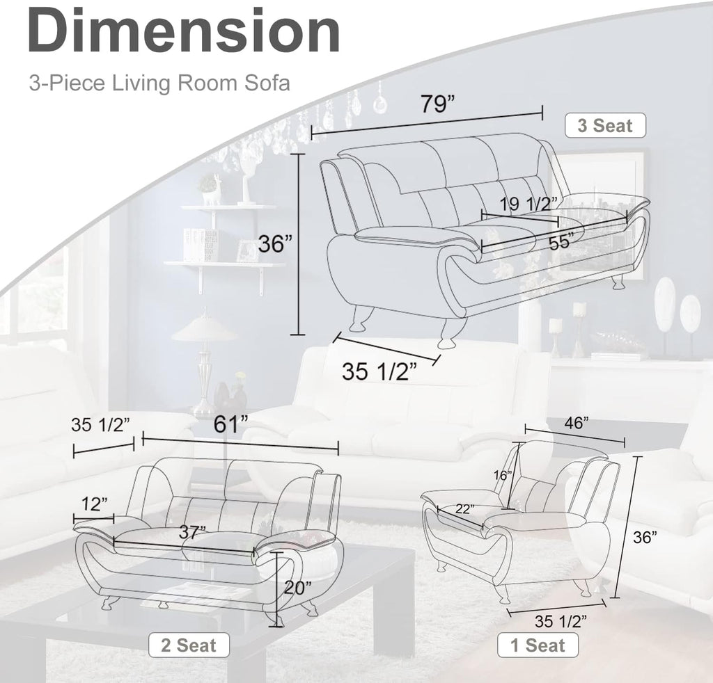 3 Piece Living Room Furniture Set, Leather Sofa Set for Living Room, Modern Couch Set with 3-Seater Sofa, Loveseat and Armchair (Cream White) - Grand Goldman