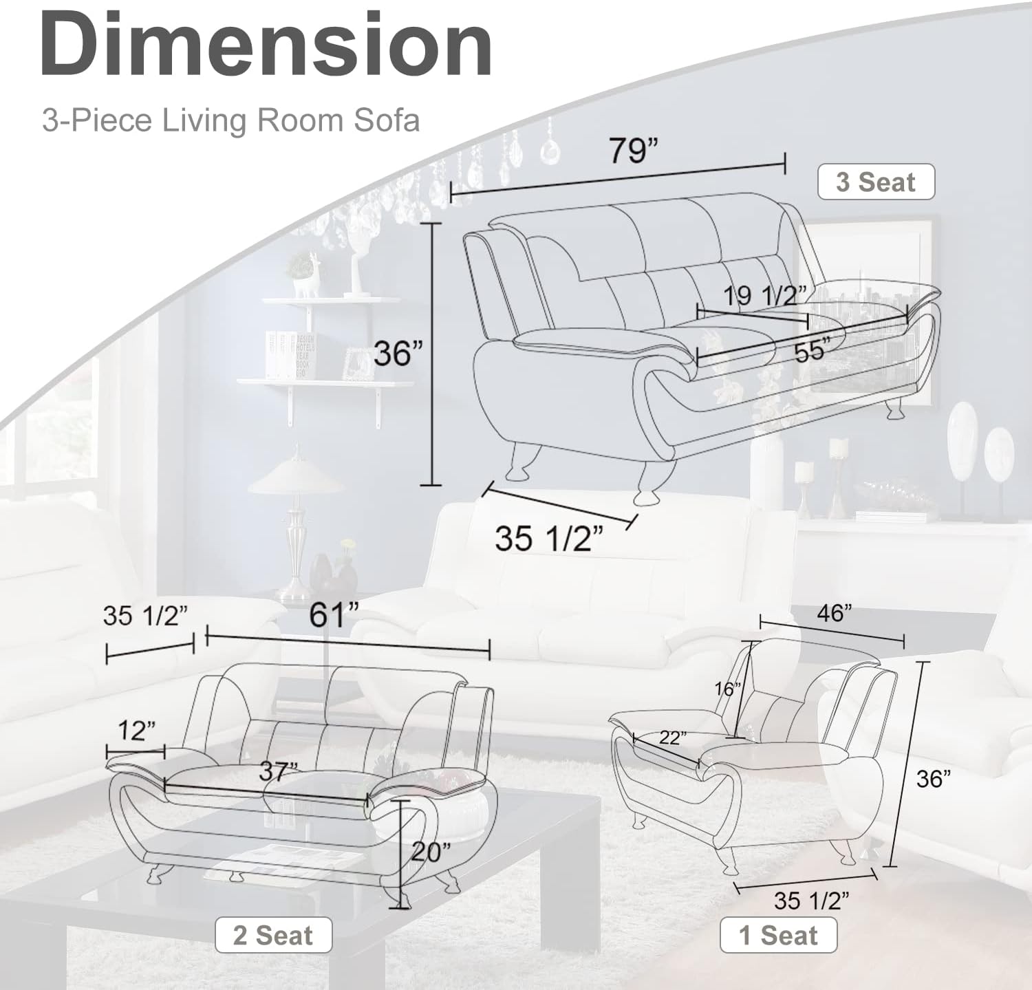 3 Piece Living Room Furniture Set, Leather Sofa Set for Living Room, Modern Couch Set with 3-Seater Sofa, Loveseat and Armchair (Cream White) - Grand Goldman