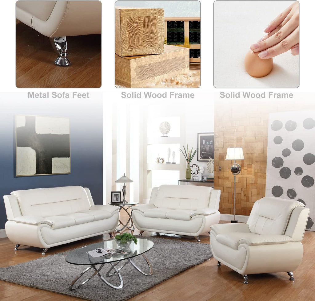 3 Piece Living Room Furniture Set, Leather Sofa Set for Living Room, Modern Couch Set with 3-Seater Sofa, Loveseat and Armchair (Cream White) - Grand Goldman