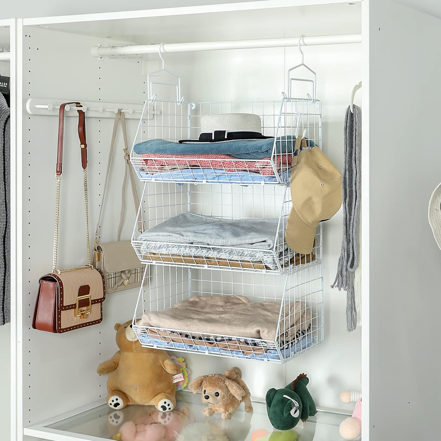 3 Tier Closet Hanging Shelves with Divider, Extra Large Closet Organizers and Storage, Clothes Hanging Organizer Clothing Sweaters Shoes Handbags Clutches Accessories-White - Grand Goldman