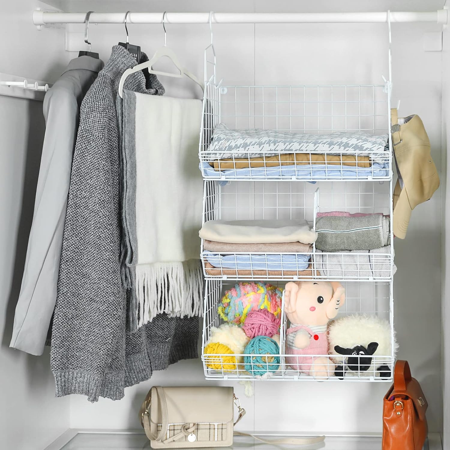 3 Tier Closet Hanging Shelves with Divider, Extra Large Closet Organizers and Storage, Clothes Hanging Organizer Clothing Sweaters Shoes Handbags Clutches Accessories-White - Grand Goldman