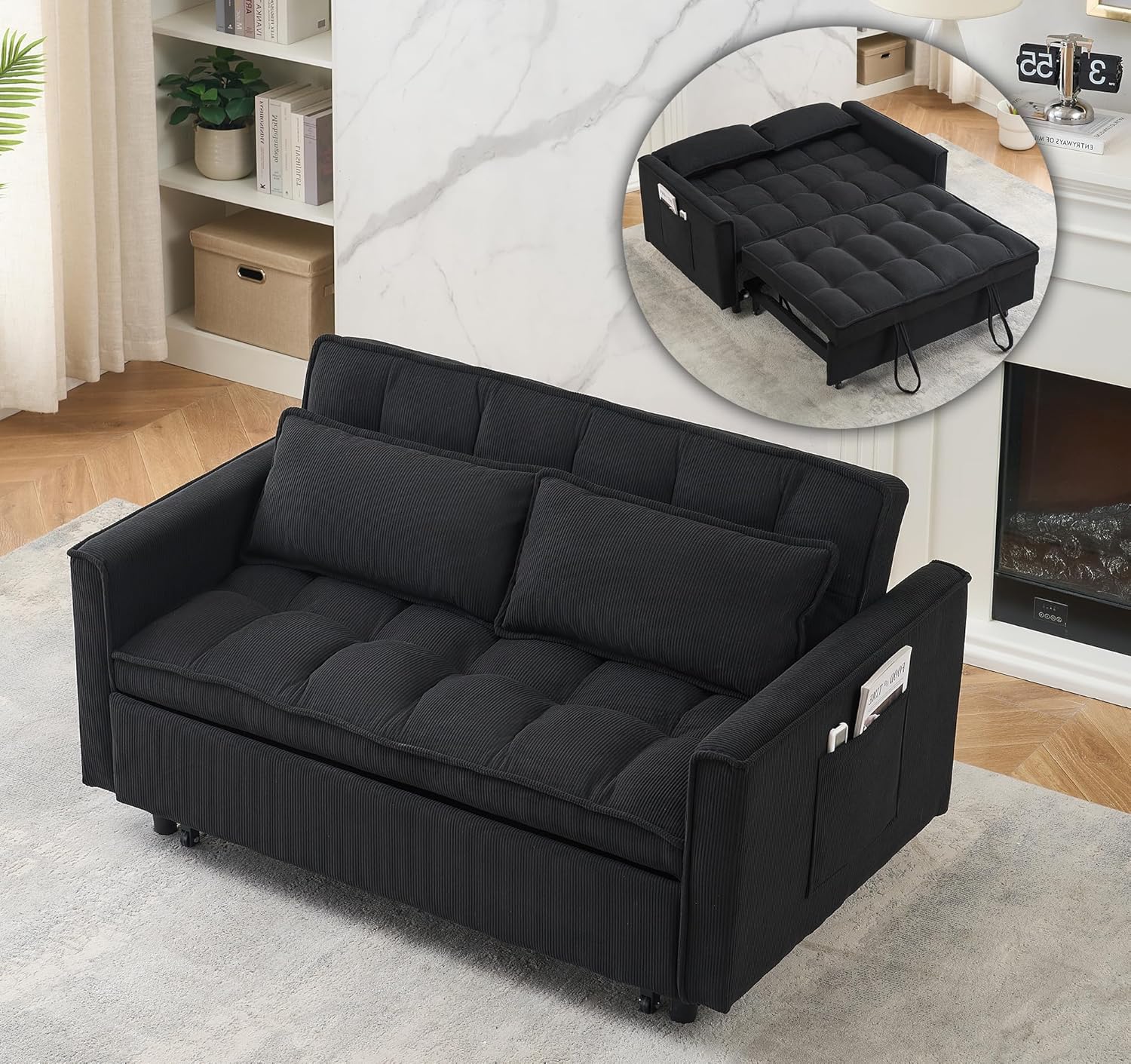 3 in 1 Convertible Sleeper Sofa Bed, Futon Couches for Living Room with Side Pocket | Adjustable Backrest| Velvet Fabric | Pull Out Couch | Loveseat | Sectional Sofa Bed(Black) - Grand Goldman
