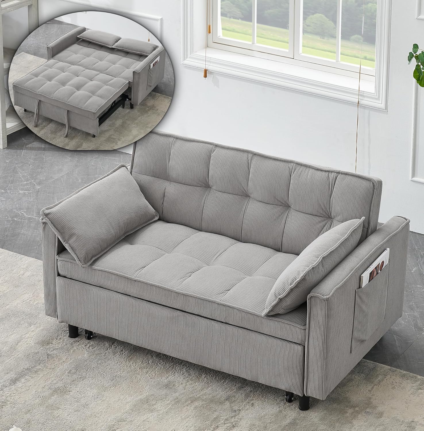 3 in 1 Convertible Sleeper Sofa Bed, Futon Couches for Living Room with Side Pocket | Adjustable Backrest| Velvet Fabric | Pull Out Couch | Loveseat | Sectional Sofa Bed(Black) - Grand Goldman