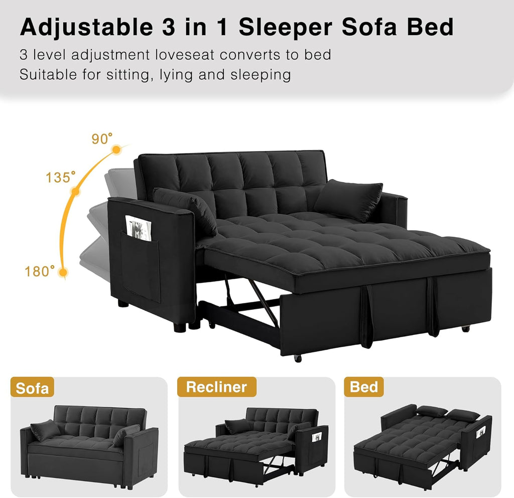 3 in 1 Convertible Sleeper Sofa Bed, Futon Couches for Living Room with Side Pocket | Adjustable Backrest| Velvet Fabric | Pull Out Couch | Loveseat | Sectional Sofa Bed(Black) - Grand Goldman