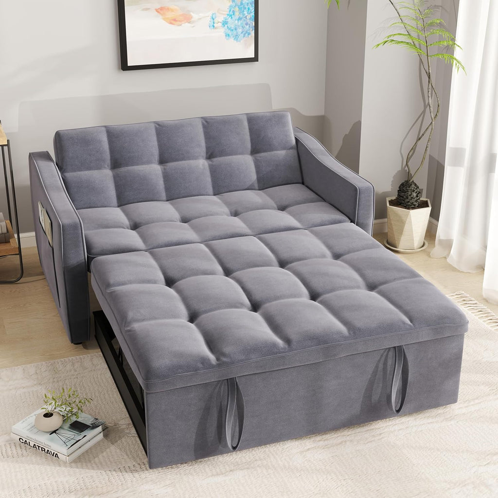 3 in 1 Convertible Sleeper Sofa Bed, Futon Couches for Living Room with Side Pocket | Adjustable Backrest| Velvet Fabric | Pull Out Couch | Loveseat | Sectional Sofa Bed(Black) - Grand Goldman