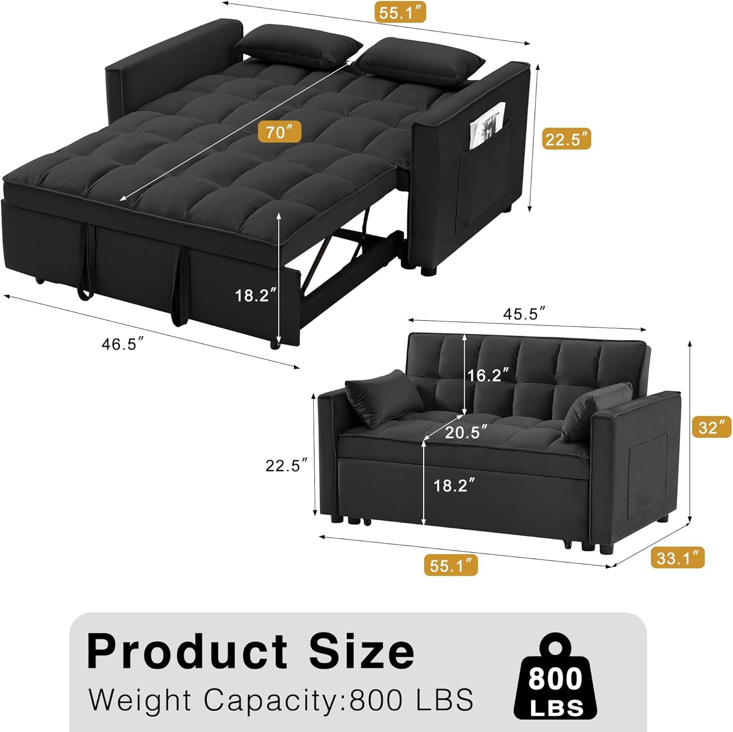 3 in 1 Convertible Sleeper Sofa Bed, Futon Couches for Living Room with Side Pocket | Adjustable Backrest| Velvet Fabric | Pull Out Couch | Loveseat | Sectional Sofa Bed(Black) - Grand Goldman
