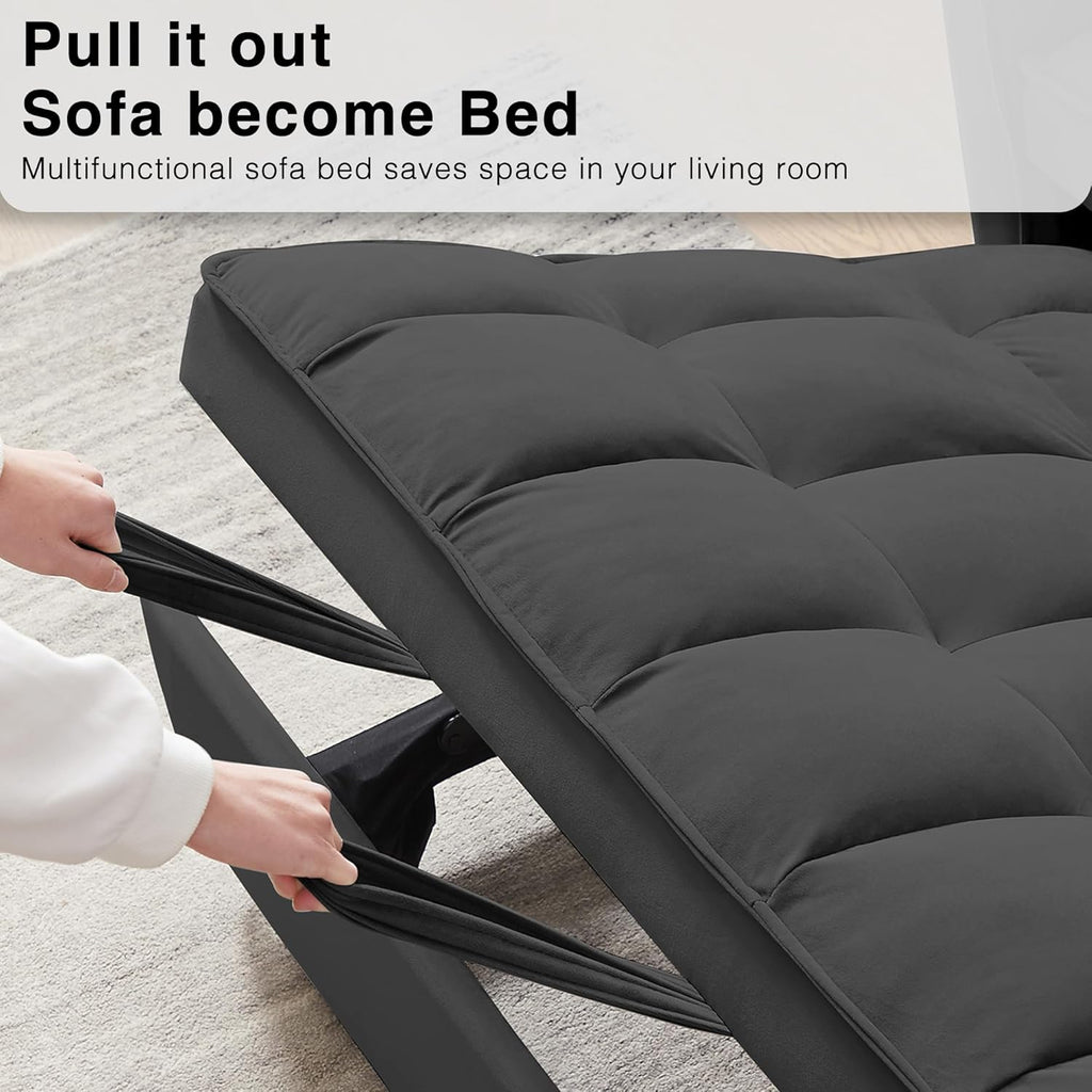 3 in 1 Convertible Sleeper Sofa Bed, Futon Couches for Living Room with Side Pocket | Adjustable Backrest| Velvet Fabric | Pull Out Couch | Loveseat | Sectional Sofa Bed(Black) - Grand Goldman