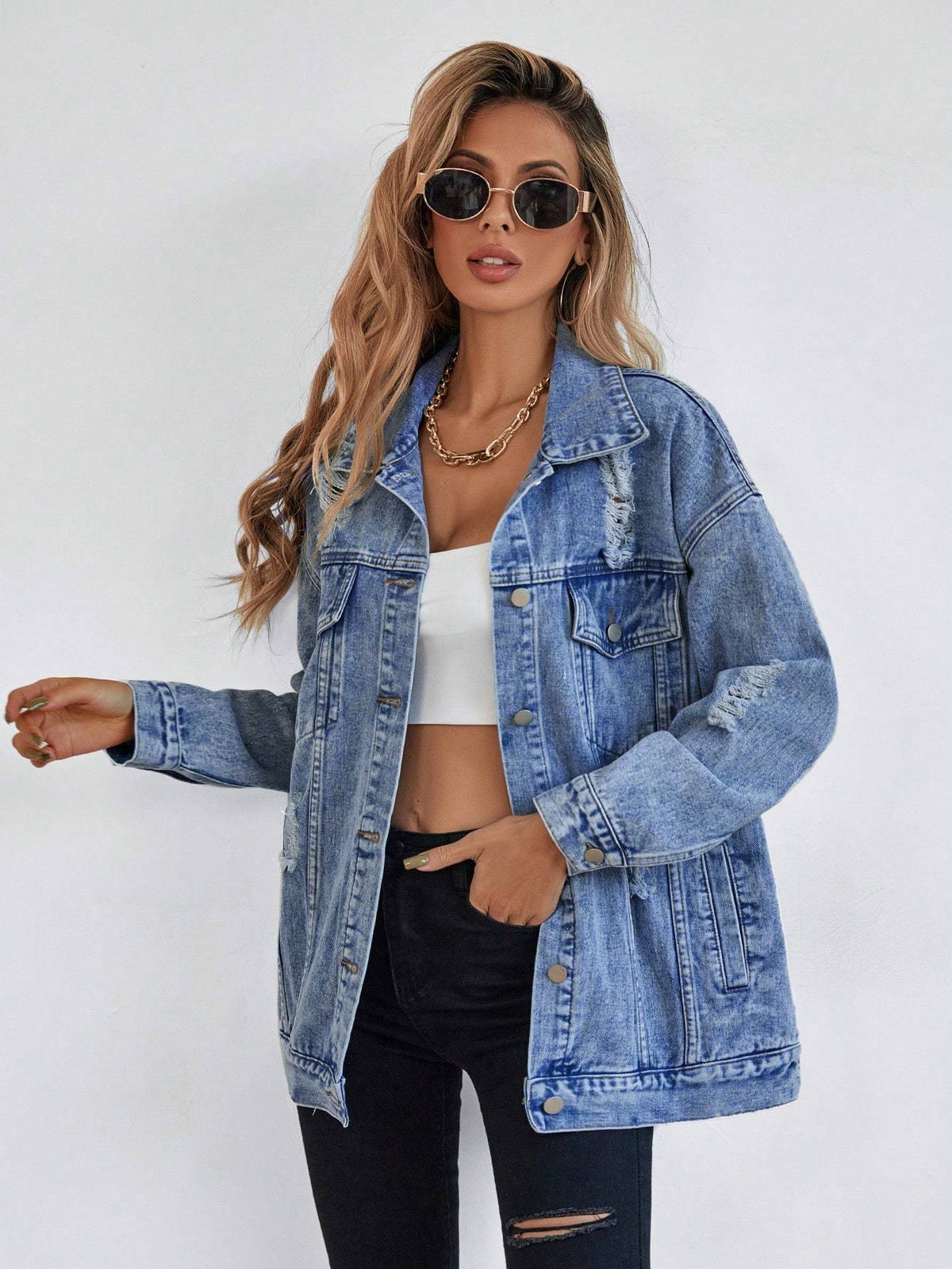 Button Blue Front Flap Pocket Drop Shoulder Denim Jacket - Grand Goldman