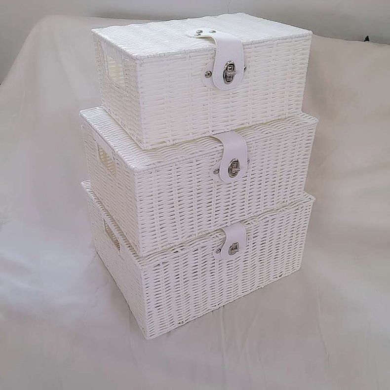 Household Plastic Rattan-like Desktop Storage Basket Storage With Lid