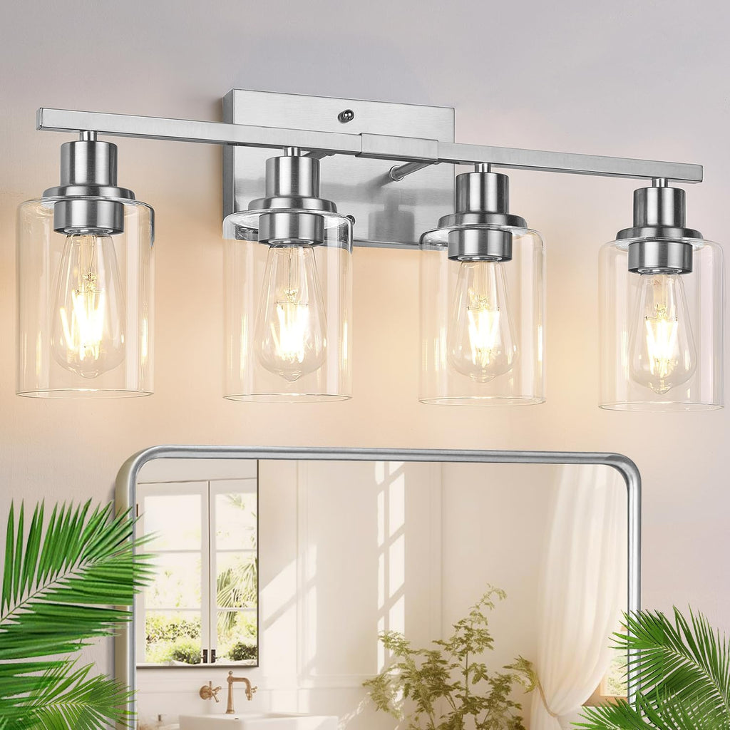 4-Light Bathroom Light Fixtures, Bathroom Vanity Lights with Clear Glass Shades, Matte Black Bathroom Light Fixtures over mirror, Modern Bathroom Wall Lamp for Mirror Living Room Cabinet Bedroom Porch - Grand Goldman