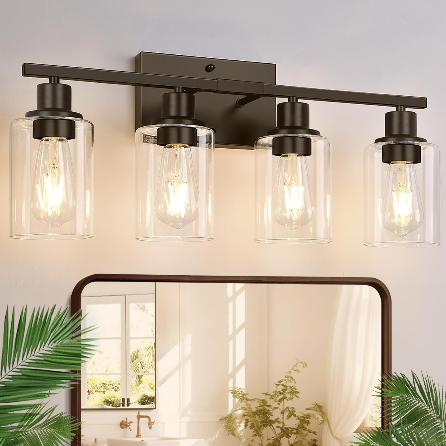 4-Light Bathroom Light Fixtures, Bathroom Vanity Lights with Clear Glass Shades, Matte Black Bathroom Light Fixtures over mirror, Modern Bathroom Wall Lamp for Mirror Living Room Cabinet Bedroom Porch - Grand Goldman