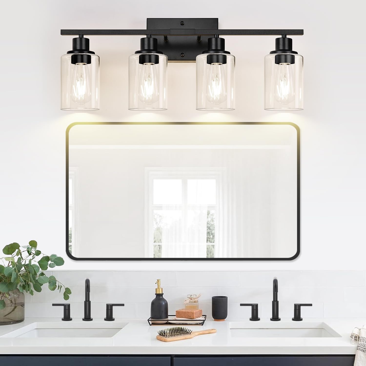 4-Light Bathroom Light Fixtures, Bathroom Vanity Lights with Clear Glass Shades, Matte Black Bathroom Light Fixtures over mirror, Modern Bathroom Wall Lamp for Mirror Living Room Cabinet Bedroom Porch - Grand Goldman