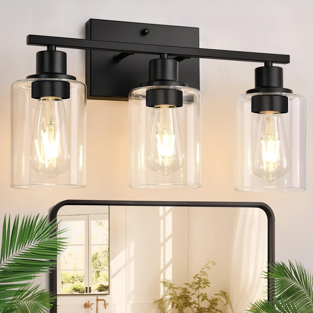 4-Light Bathroom Light Fixtures, Bathroom Vanity Lights with Clear Glass Shades, Matte Black Bathroom Light Fixtures over mirror, Modern Bathroom Wall Lamp for Mirror Living Room Cabinet Bedroom Porch - Grand Goldman