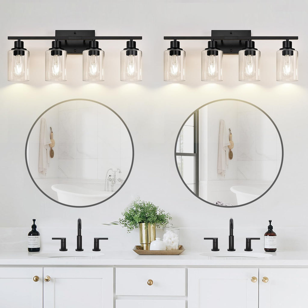 4-Light Bathroom Light Fixtures, Bathroom Vanity Lights with Clear Glass Shades, Matte Black Bathroom Light Fixtures over mirror, Modern Bathroom Wall Lamp for Mirror Living Room Cabinet Bedroom Porch - Grand Goldman
