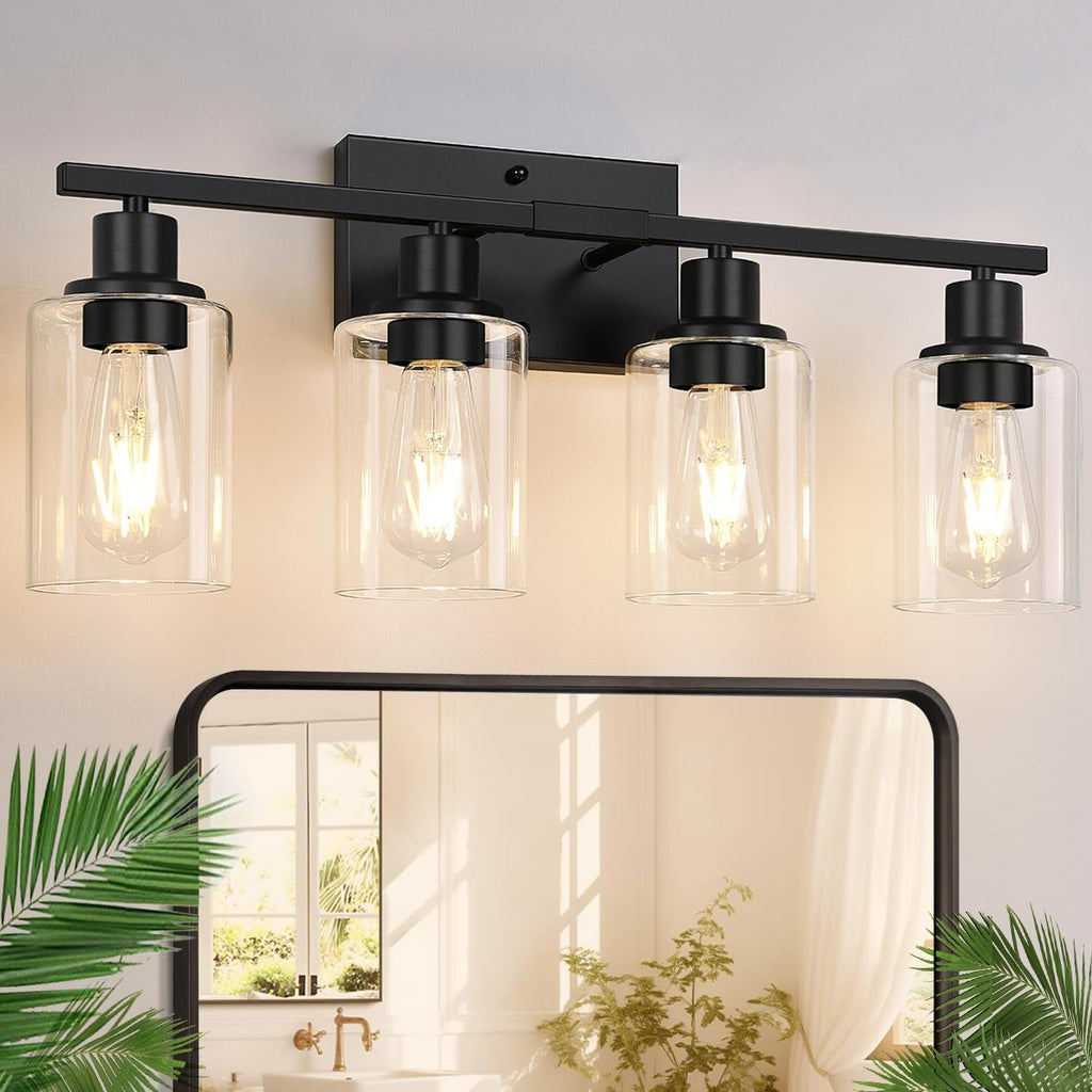 4-Light Bathroom Light Fixtures, Bathroom Vanity Lights with Clear Glass Shades, Matte Black Bathroom Light Fixtures over mirror, Modern Bathroom Wall Lamp for Mirror Living Room Cabinet Bedroom Porch - Grand Goldman