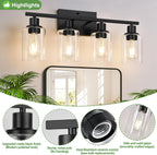 4-Light Bathroom Light Fixtures, Bathroom Vanity Lights with Clear Glass Shades, Matte Black Bathroom Light Fixtures over mirror, Modern Bathroom Wall Lamp for Mirror Living Room Cabinet Bedroom Porch - Grand Goldman
