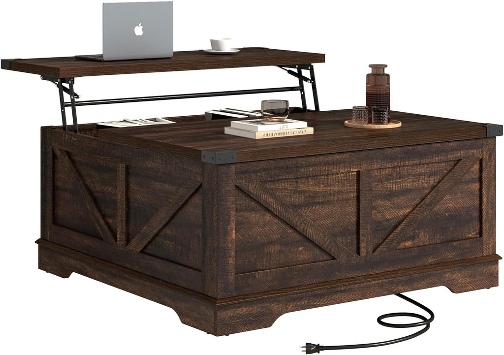 40” Large Farmhouse Lift Top Coffee Table with Power Outlets and Large Hidden Storage, Square Wood Living Room Tables, Multi-Function Lift Wooden Barn Door Center Table, Brown - Grand Goldman