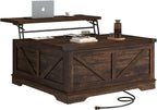 40” Large Farmhouse Lift Top Coffee Table with Power Outlets and Large Hidden Storage, Square Wood Living Room Tables, Multi-Function Lift Wooden Barn Door Center Table, Brown - Grand Goldman