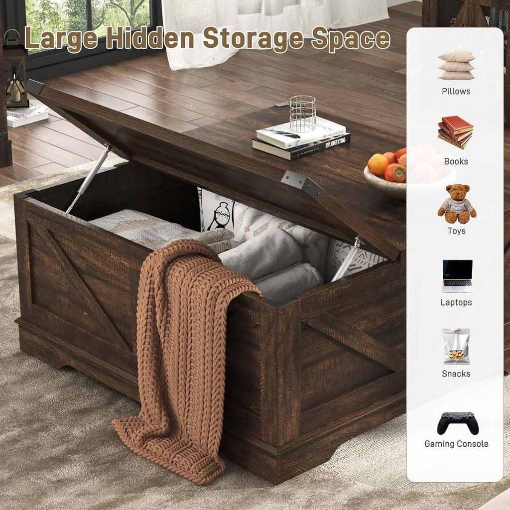 40” Large Farmhouse Lift Top Coffee Table with Power Outlets and Large Hidden Storage, Square Wood Living Room Tables, Multi-Function Lift Wooden Barn Door Center Table, Brown - Grand Goldman