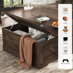 40” Large Farmhouse Lift Top Coffee Table with Power Outlets and Large Hidden Storage, Square Wood Living Room Tables, Multi-Function Lift Wooden Barn Door Center Table, Brown - Grand Goldman