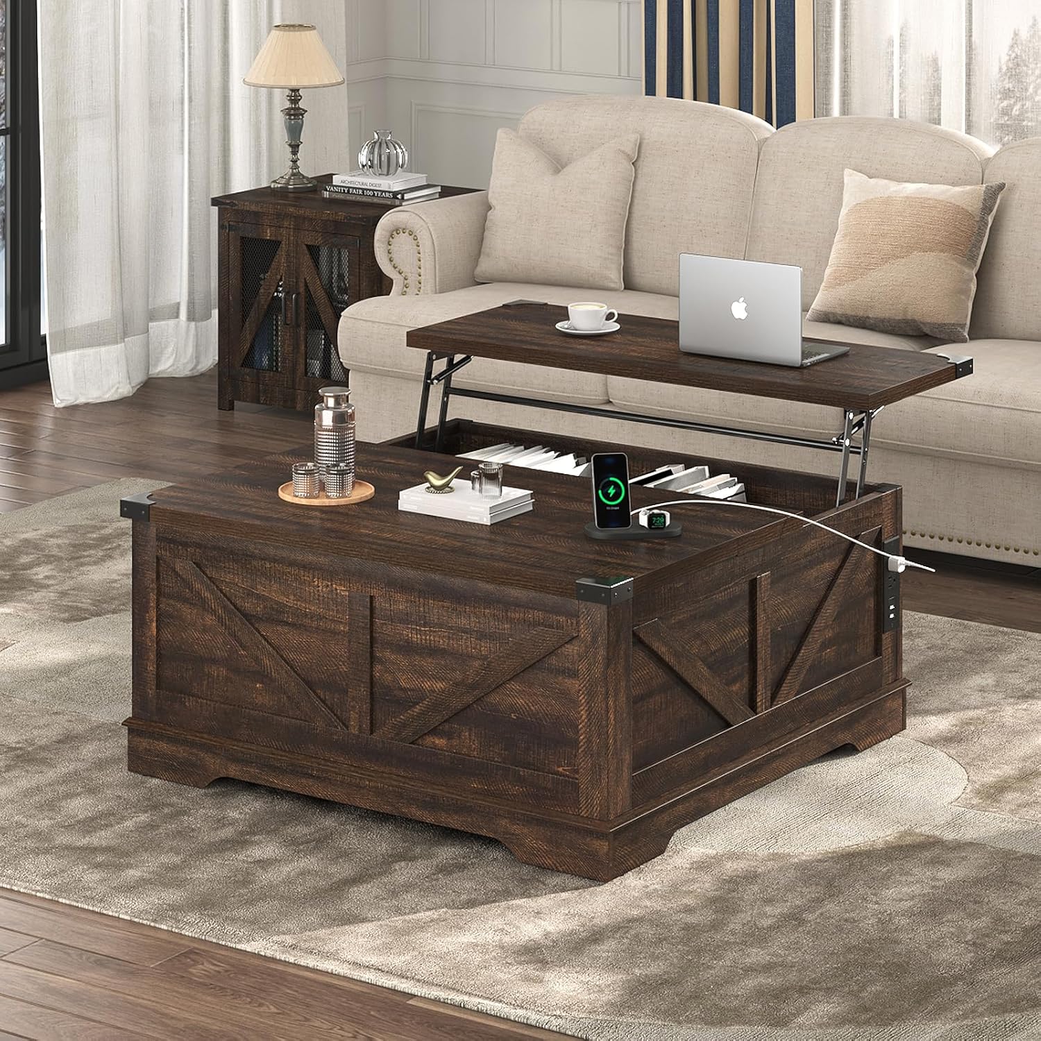 40” Large Farmhouse Lift Top Coffee Table with Power Outlets and Large Hidden Storage, Square Wood Living Room Tables, Multi-Function Lift Wooden Barn Door Center Table, Brown - Grand Goldman
