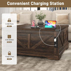 40” Large Farmhouse Lift Top Coffee Table with Power Outlets and Large Hidden Storage, Square Wood Living Room Tables, Multi-Function Lift Wooden Barn Door Center Table, Brown - Grand Goldman