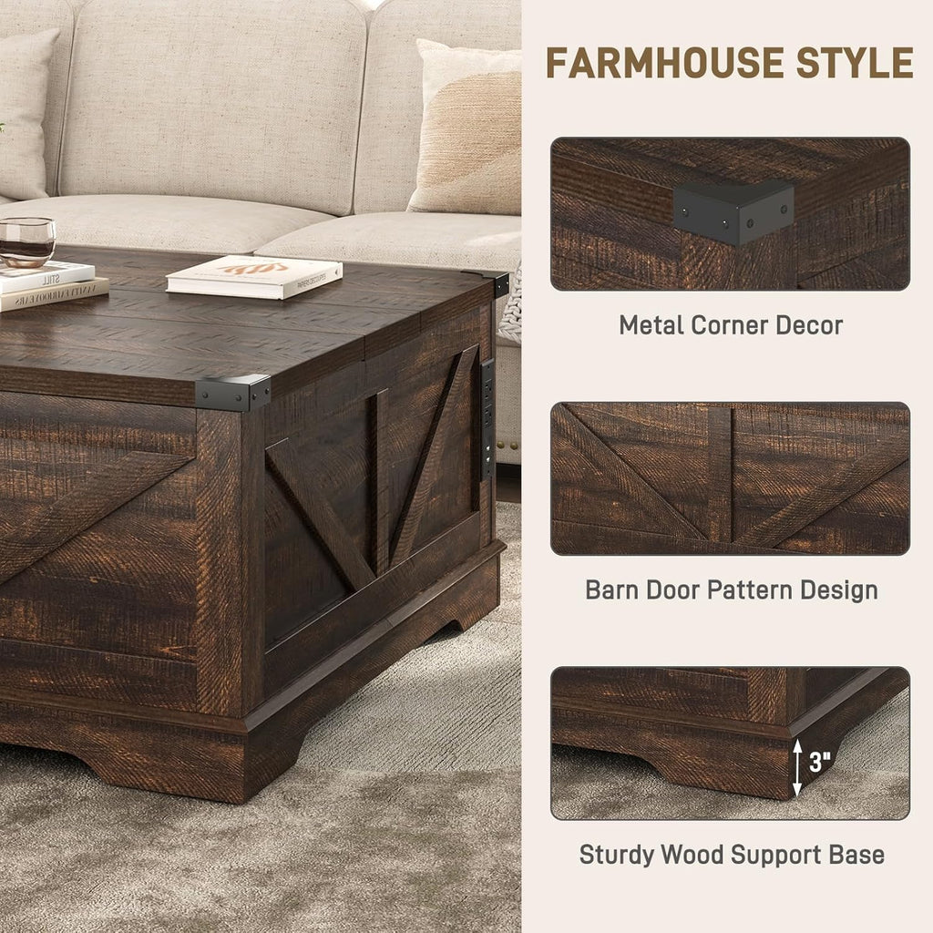 40” Large Farmhouse Lift Top Coffee Table with Power Outlets and Large Hidden Storage, Square Wood Living Room Tables, Multi-Function Lift Wooden Barn Door Center Table, Brown - Grand Goldman