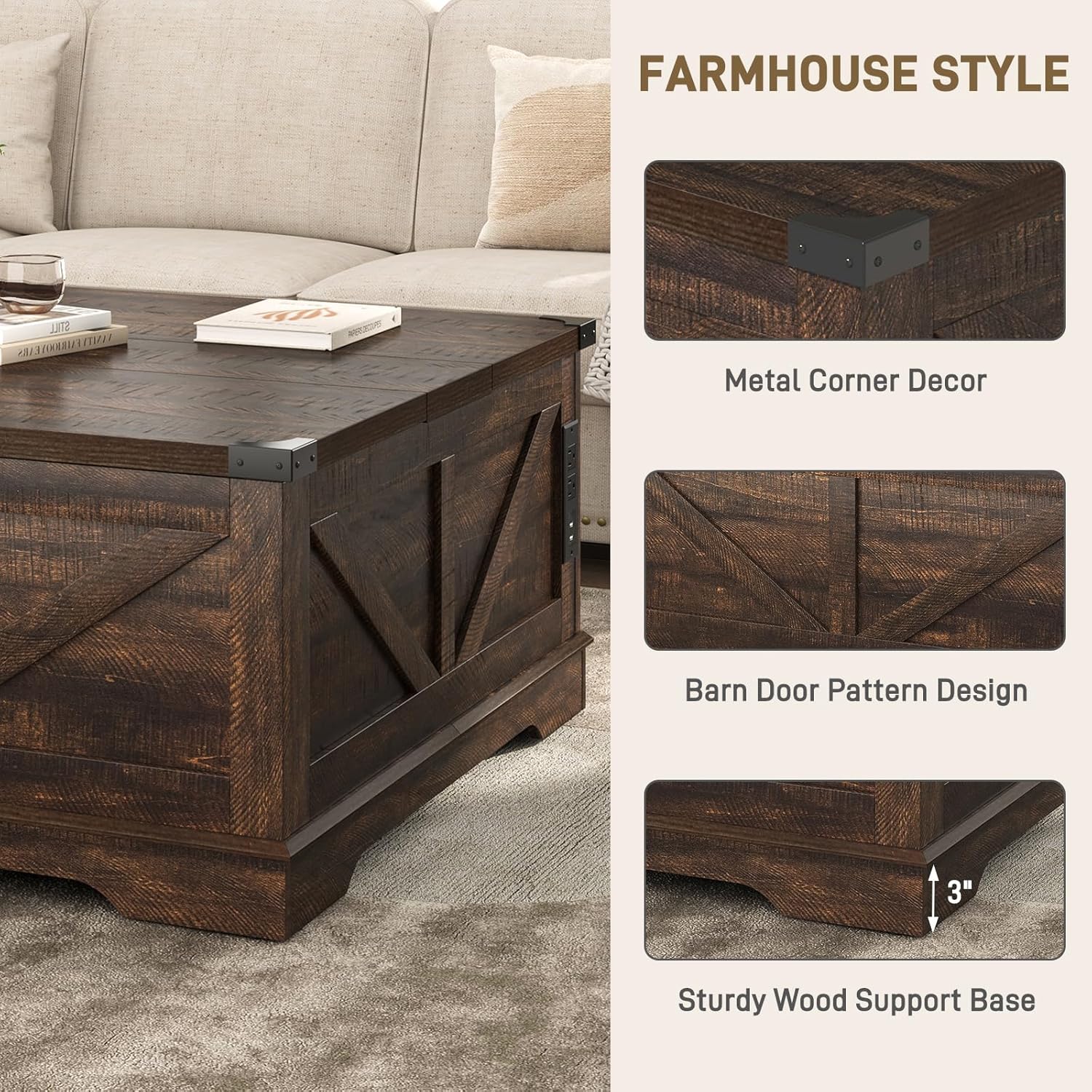 40” Large Farmhouse Lift Top Coffee Table with Power Outlets and Large Hidden Storage, Square Wood Living Room Tables, Multi-Function Lift Wooden Barn Door Center Table, Brown - Grand Goldman