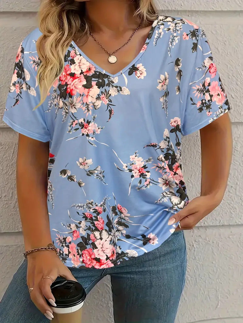 Fashion Comfortable Animal Plant Pattern Short Sleeve V-neck T-shirt