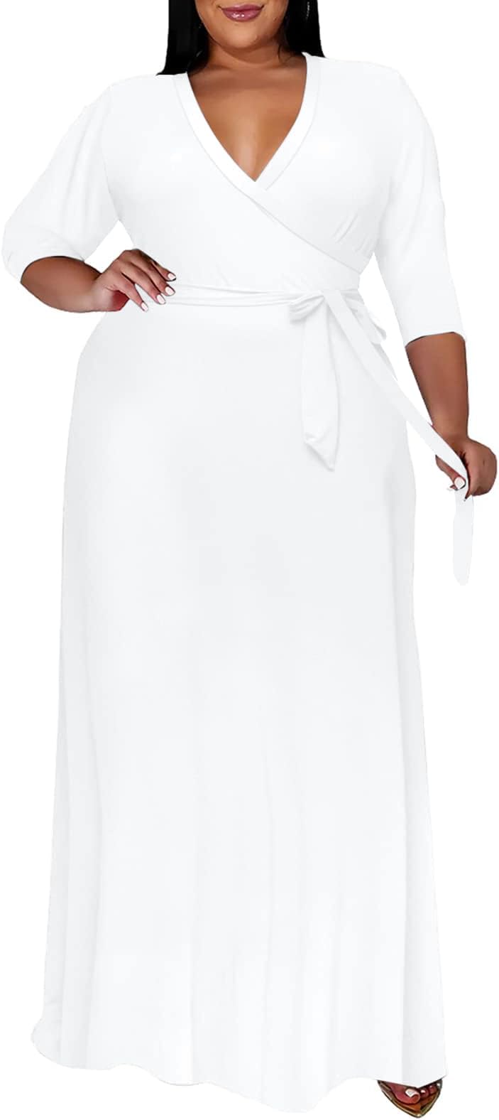 White Summer Dresses for Women Plus Size, Sexy V Neck 3/4 Sleeve Maxi Dress for Easter Wedding Guest XL