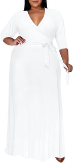 White Summer Dresses for Women Plus Size, Sexy V Neck 3/4 Sleeve Maxi Dress for Easter Wedding Guest XL