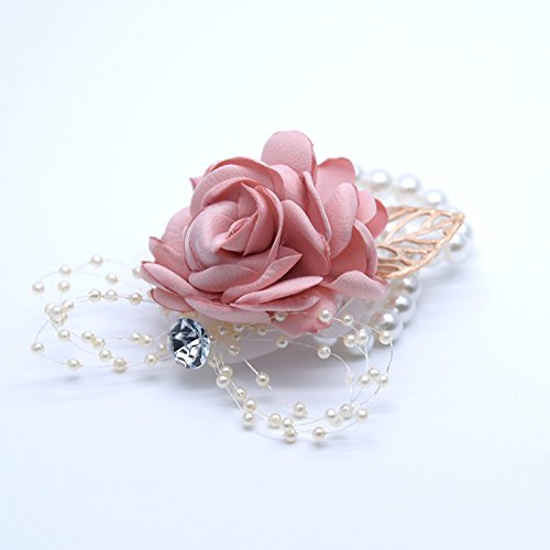 Abbie Home Decent Wrist Corsage for Prom Party Wedding Ball Event Silk Rose Rhinestone Hand Flower Classic Pearl Bracelet (Pink Blush)