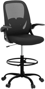 Primy Drafting Chair Tall Office Chair with Flip-up Armrests Executive Ergonomic Computer Standing Desk Chair with Lumbar Support and Adjustable Footrest Ring (Black)