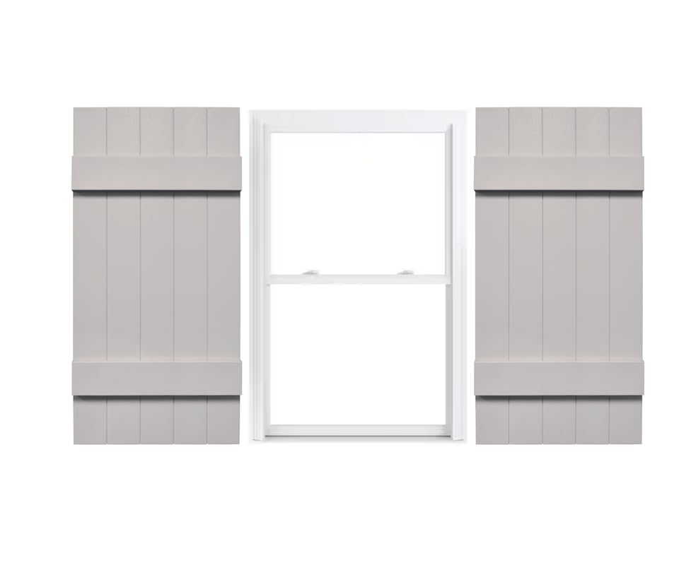Duralok Vinyl Exterior Shutters | One Pair | Joined Board and Batten Five Vertical Boards Window Shutters | 17.5" x 64" | Primed/Paintable | Simple Installation + Hardware Included | Made in The US