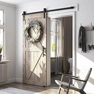 SMARTSTANDARD 6.8FT Sliding Barn Door Hardware Kit (Include 6.8ft Track Kit & Pull Handle Set & Floor Guide), Smoothly and Quietly, Easy to Install, Fit 36"-40" Wide Door Panel (J Shape) - Grand Goldman