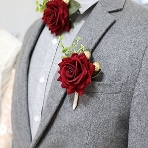 Arlai Wedding Prom Corsage and Boutonniere Set, Rose Wrist Corsage Ribbon Bracelet, Artificial Flower(Burgundy)
