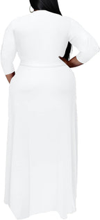 White Summer Dresses for Women Plus Size, Sexy V Neck 3/4 Sleeve Maxi Dress for Easter Wedding Guest XL