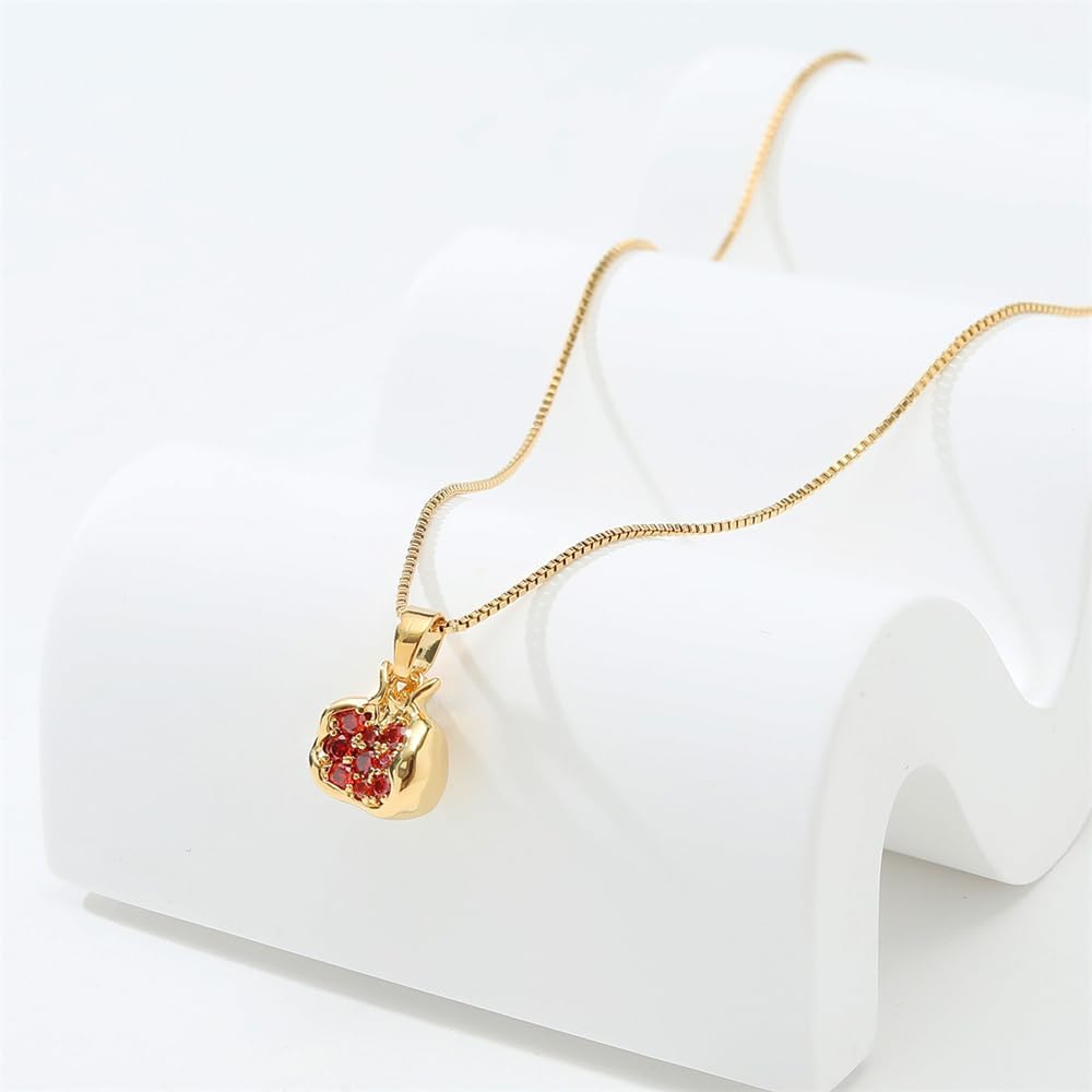 Premium Cubic Zirconia Inlay Red Pomegranate Pendant 18k Gold Plated Stainless Steel Necklaces for Women
