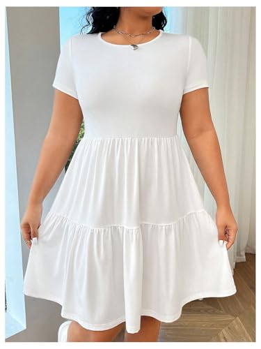 Floerns Women's Plus Size Short Sleeve Ruffle Dress Knitted Flowy Tiered A Line Dresses White XX-Large Plus