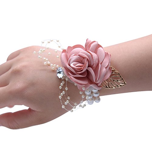 Abbie Home Decent Wrist Corsage for Prom Party Wedding Ball Event Silk Rose Rhinestone Hand Flower Classic Pearl Bracelet (Pink Blush)