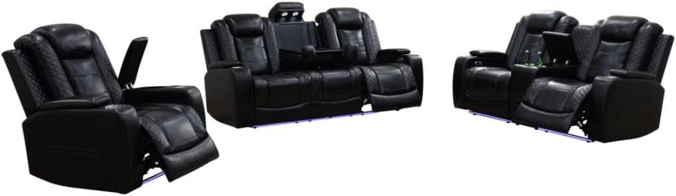 Power Recliner Sofa Set With LED, Leather Furniture Reclining Couch With USB Port/Storage/Cup Holder for Living Room Office Home (Sofa+Loveseat+Chair, Black)