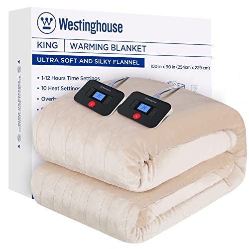 Westinghouse Electric Blanket Queen Size, Super Cozy Soft Flannel 84" x 90" Heated Blanket with 10 Fast Heating Levels & 1-12 Auto-Off, Machine Washable, ETL&FCC Certification, Beige