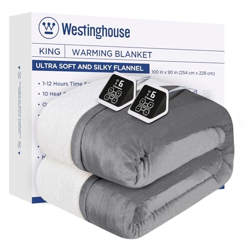 Westinghouse Heated Blanket Queen Size, Soft Flannel to Sherpa Electric Blanket with 10 Heating Levels, 12 Hours Auto Off, Fast Heating Blanket, Machine Washable, 84x90 Inch, Charcoal