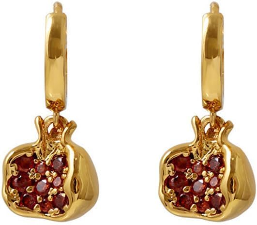 Premium Cubic Zirconia Inlay Red Pomegranate Pendant 18k Gold Plated Stainless Steel Hoop Earrings for Women