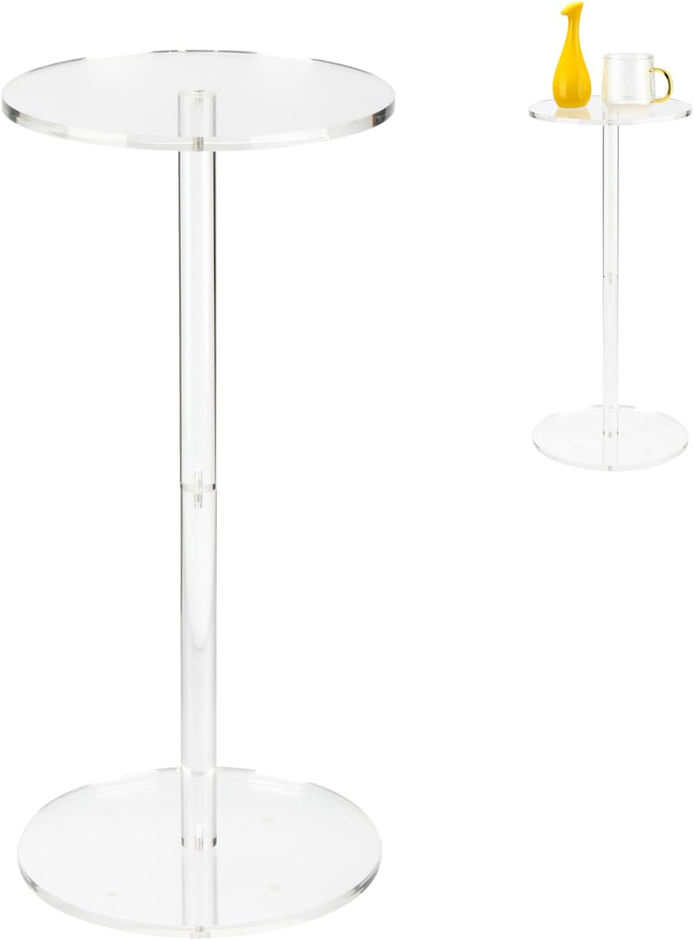 Acrylic Drink End Table, Clear Drink Table for Small Spaces with Anti-Slip Pads, 9.8" Round Modern Side Coffee Table for Living Room/Bedroom/Bathroom/Office/Outdoor/Business, Easy to Install